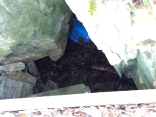 Velká Chmelná,Tedražice; vlevo od cesty odval štoly úpadní č. 8/22, vpravo bývalý důl.