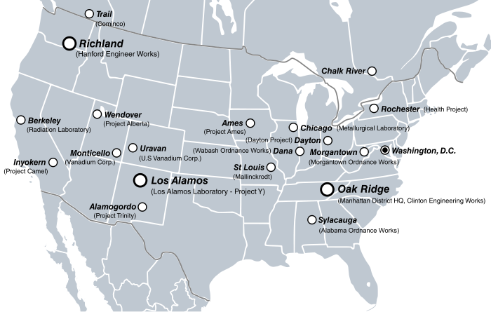  Mapa, která ukazuje nejdůležitější místa projektu Manhattan. - Zdroj: https://upload.wikimedia.org/