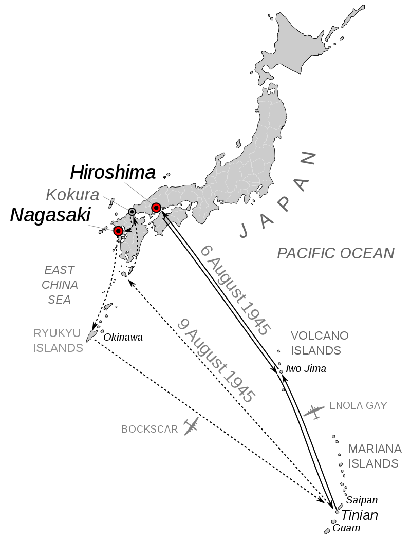  Trasa letu bombardérů na Hirošimu a Nagasaki (původně Kókuru). - Zdroj: ttps://upload.wikimedia.org/