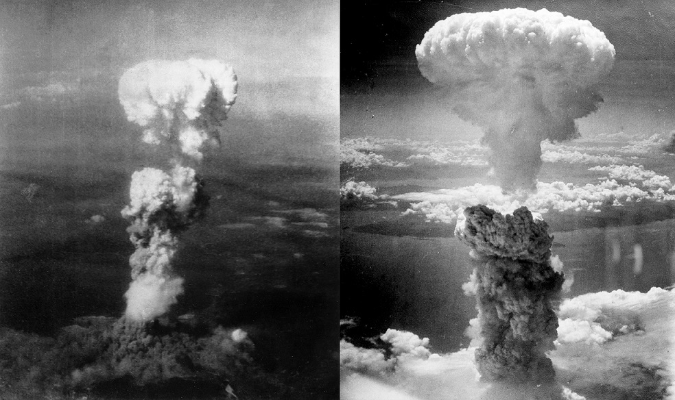  Atomové hřiby nad Hirošimou (vlevo) a Nagasaki (vpravo). - Zdroj: https://upload.wikimedia.org/