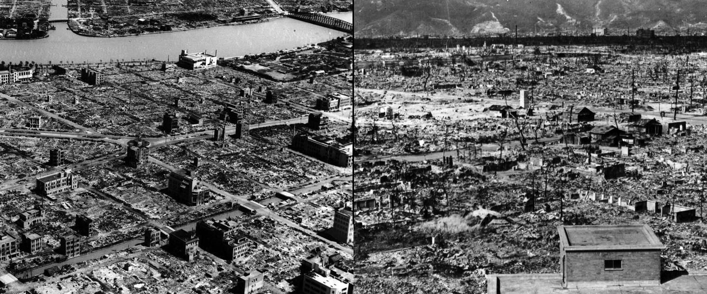  Srovnání Hirošimy zničené jaderným bombardováním a Tokya zničeného konvenčním bombardováním. <br />Záměrně neuvádím, které město je které, můžete to zkusit uhodnout sami. - Zdroj: https://blog.nuclearsecrecy.com/