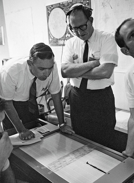  Gary Latham (vlevo) při práci na projektu Apollo. - Zdroj: https://magazine.columbia.edu/